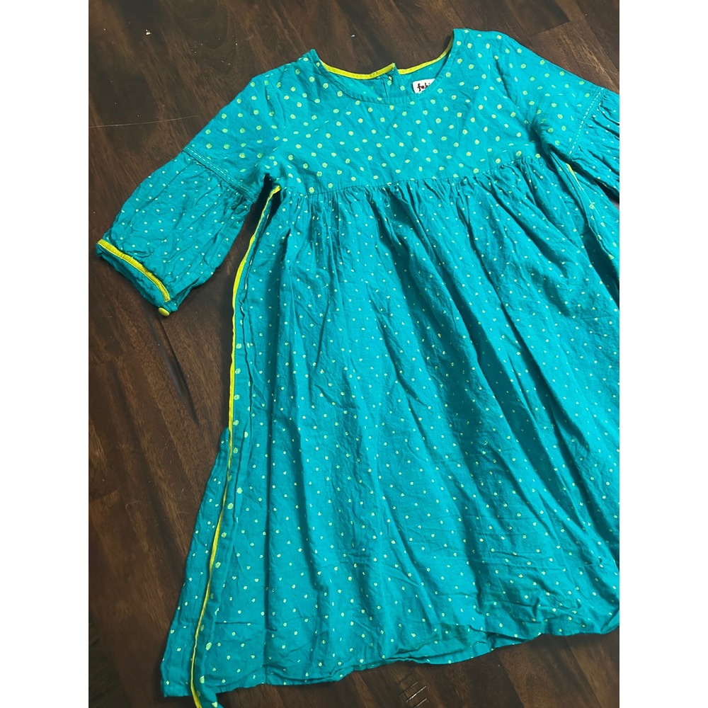 Fabindia Kids Teal Green Polka Dot Cotton Bell Sleeve Dress Size 4-6 Years k7168